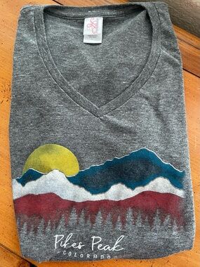 Women’s Gray V-Neck Mountain Graphic T-shirt Size L